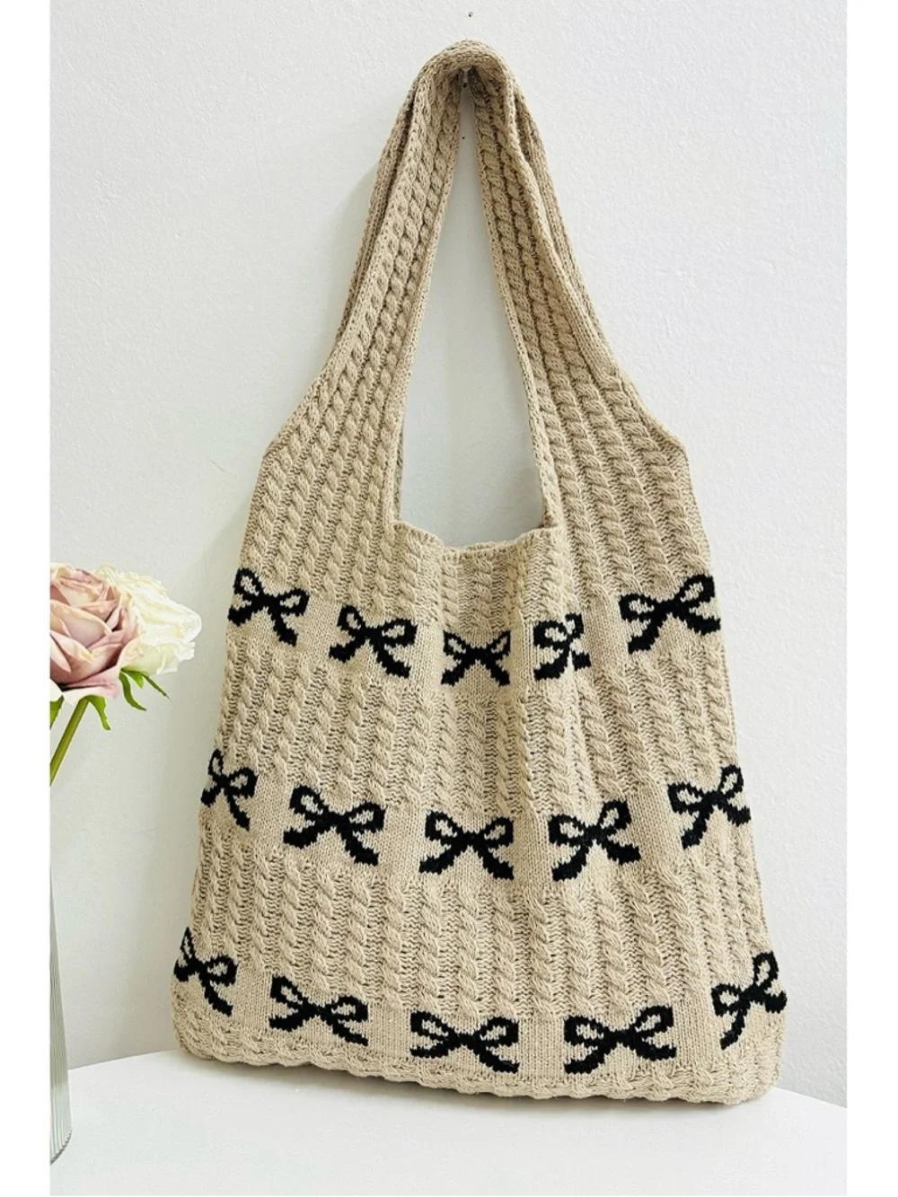 NEW Zenana Tan Knit Bow Tote Bag Cottagecore Coquette Shoulder Bag Neutral